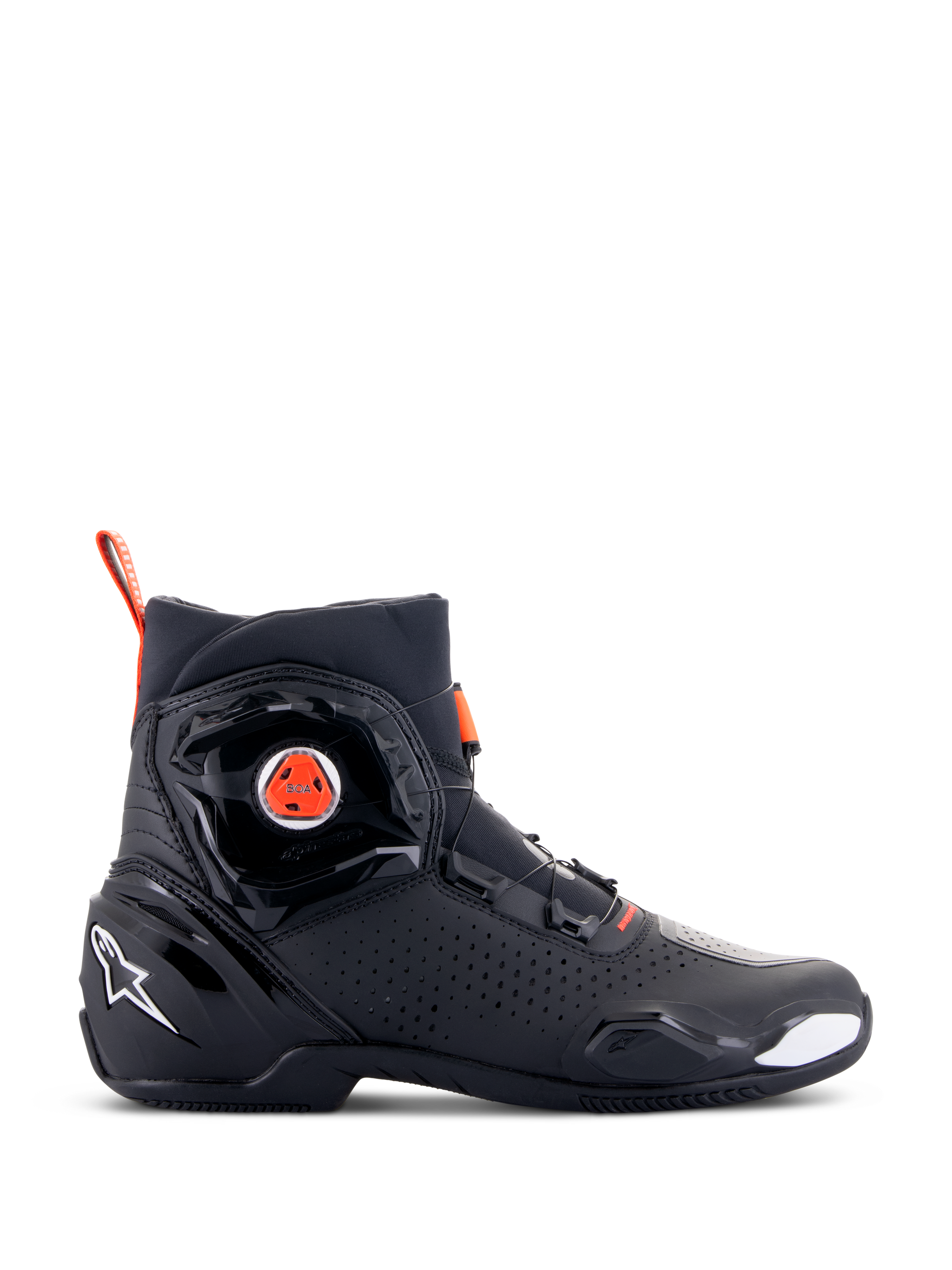 Alpinestars SP-2 Riding Shoes, Sport Motorcycle Footwear, Black with Red Fluo accents, side view featuring BOA speed closure system, perforated microfiber panels for airflow, white Alpinestars logo on the heel, and a sleek modern design with matte and glossy finishes