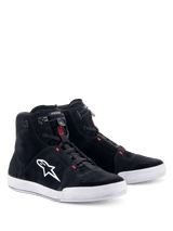 Alpinestars Chrome Shoes, Motorcycle Riding Shoes, Black and Cool Gray with Red Fluo accents, high-top silhouette, split suede upper with white rubber sole, featuring white side logo and quick-action elastic closure, casual urban streetwear style