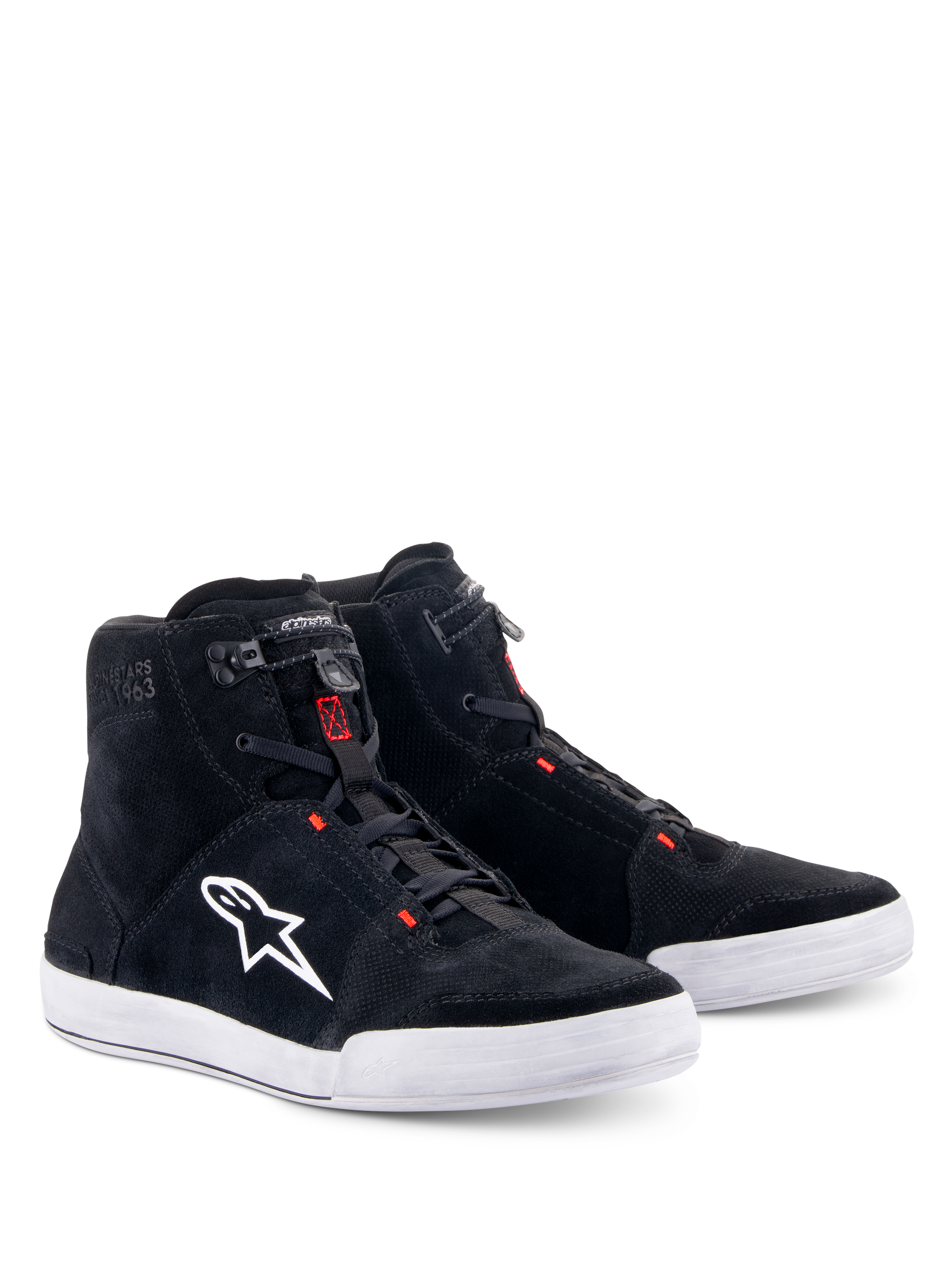 Alpinestars Chrome Shoes, Motorcycle Riding Shoes, Black and Cool Gray with Red Fluo accents, high-top silhouette, split suede upper with white rubber sole, featuring white side logo and quick-action elastic closure, casual urban streetwear style