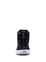 Alpinestars Chrome Shoes, Black Cool Gray Red Fluo, front view of urban motorcycle riding shoe featuring split suede construction, white sole, and elasticated closure with red accents.