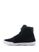 Alpinestars Chrome Shoes, Motorcycle Riding Shoes, Black and Cool Gray with Red Fluo, side profile view featuring split suede construction and a white rubber sole, casual sneaker silhouette for urban riding