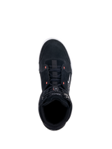 Alpinestars Chrome Shoes, Black Motorcycle Riding Shoes, top-down view showing split suede upper with red fluo accents, casual urban style featuring an elasticated top closure and white logo on the side.