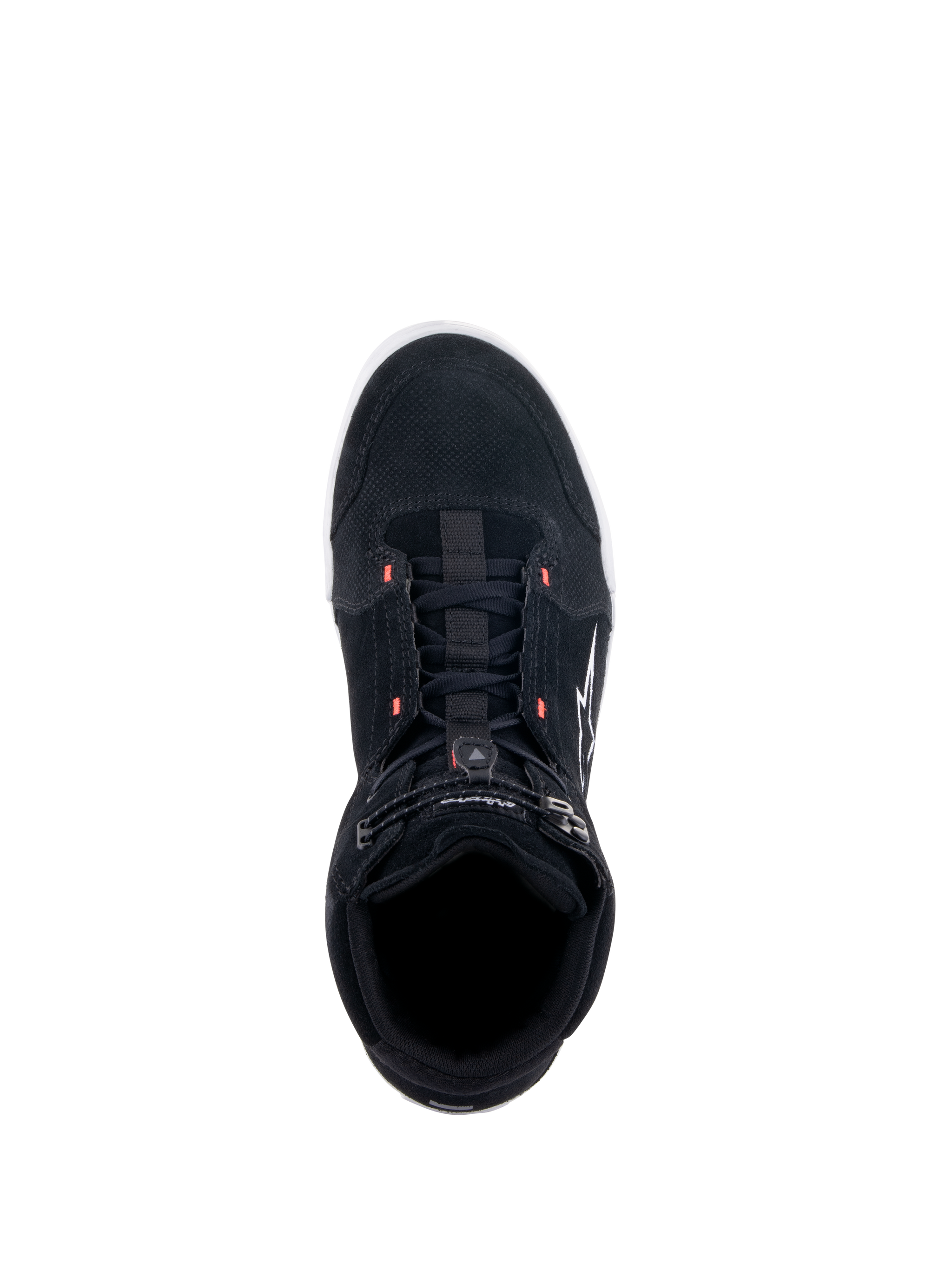Alpinestars Chrome Shoes, Black Motorcycle Riding Shoes, top-down view showing split suede upper with red fluo accents, casual urban style featuring an elasticated top closure and white logo on the side.