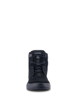 Alpinestars Chrome Riding Shoes, Urban Motorcycle Footwear, Black on Black, front view showing high-top silhouette, split suede material with elasticated top closure and black laces, casual streetwear design
