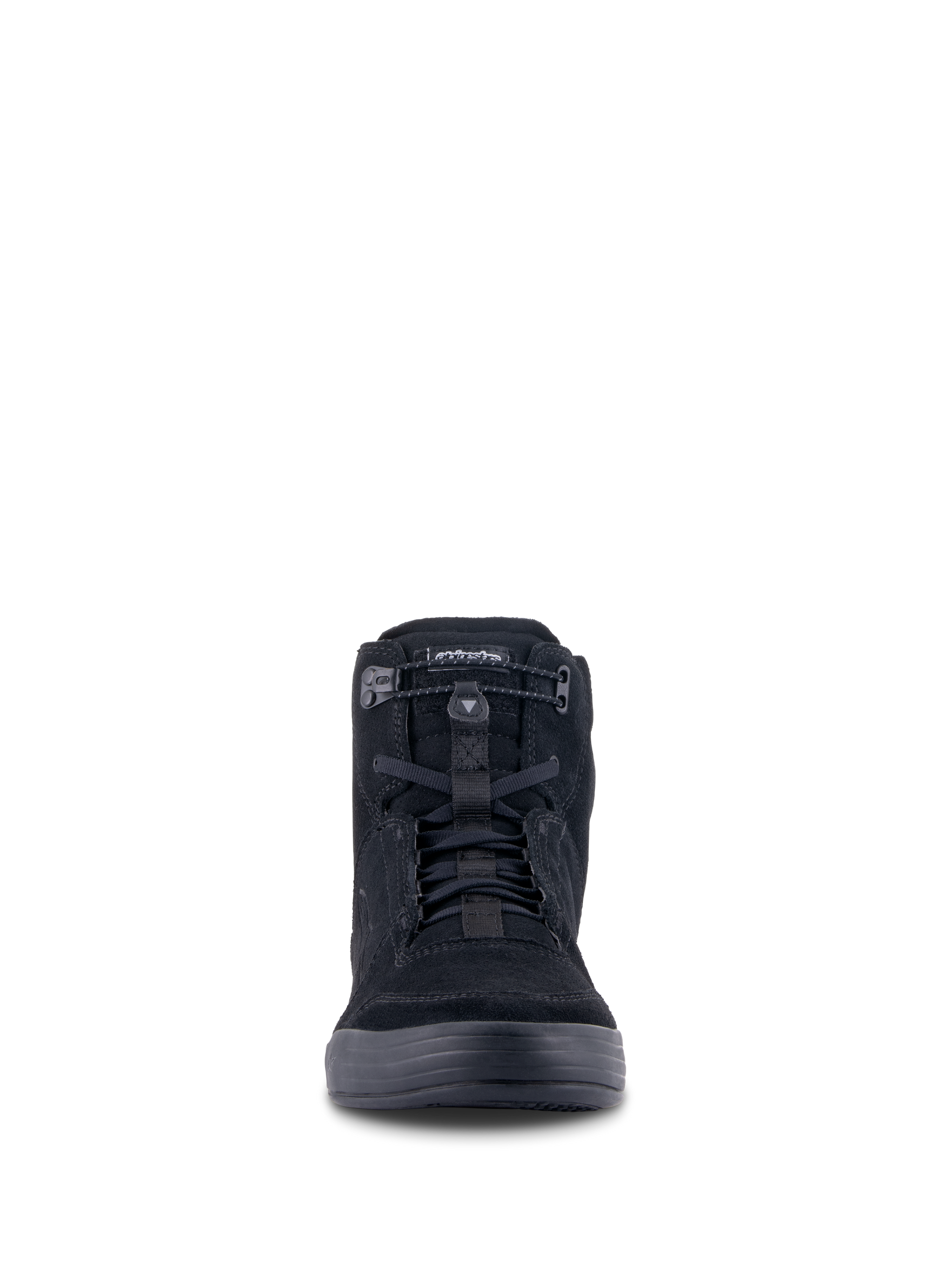 Alpinestars Chrome Riding Shoes, Urban Motorcycle Footwear, Black on Black, front view showing high-top silhouette, split suede material with elasticated top closure and black laces, casual streetwear design