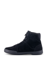 Alpinestars Chrome Shoes, Urban Motorcycle Riding Shoes, Black Black, side profile view showing split suede upper and flat rubber cup sole, high-top silhouette with casual streetwear styling.