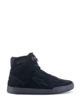 Alpinestars Chrome Shoes, Urban Motorcycle Riding Shoes, Black/Black, high-top sneaker silhouette in split suede, featuring side star logo and 'Since 1963' ankle text, casual streetwear design with flat rubber sole