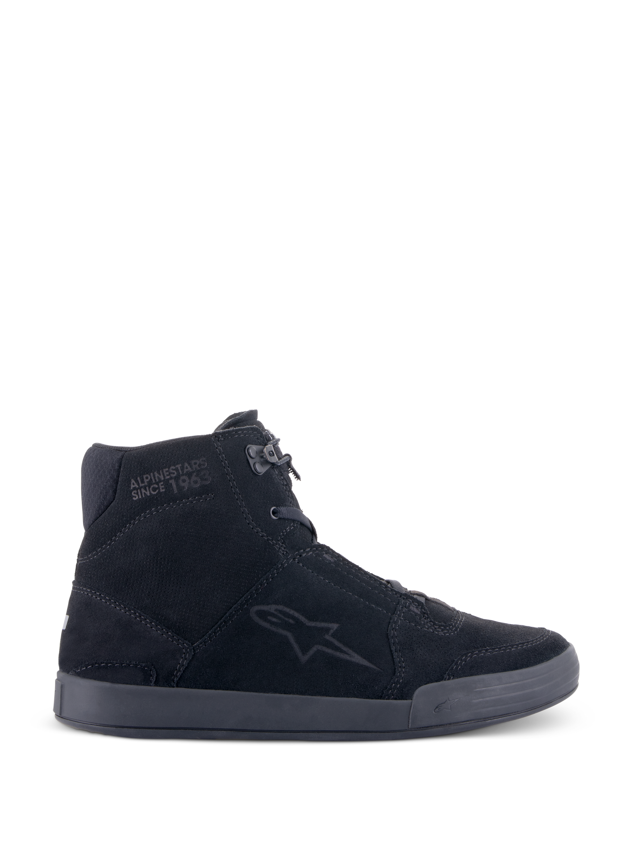 Alpinestars Chrome Shoes, Urban Motorcycle Riding Shoes, Black/Black, high-top sneaker silhouette in split suede, featuring side star logo and 'Since 1963' ankle text, casual streetwear design with flat rubber sole