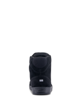 Alpinestars Chrome Shoes, Motorcycle Riding Shoes, Black Black, rear view showcasing split suede upper, reflective heel patch for visibility, and embossed star logo on the sole, urban-inspired design