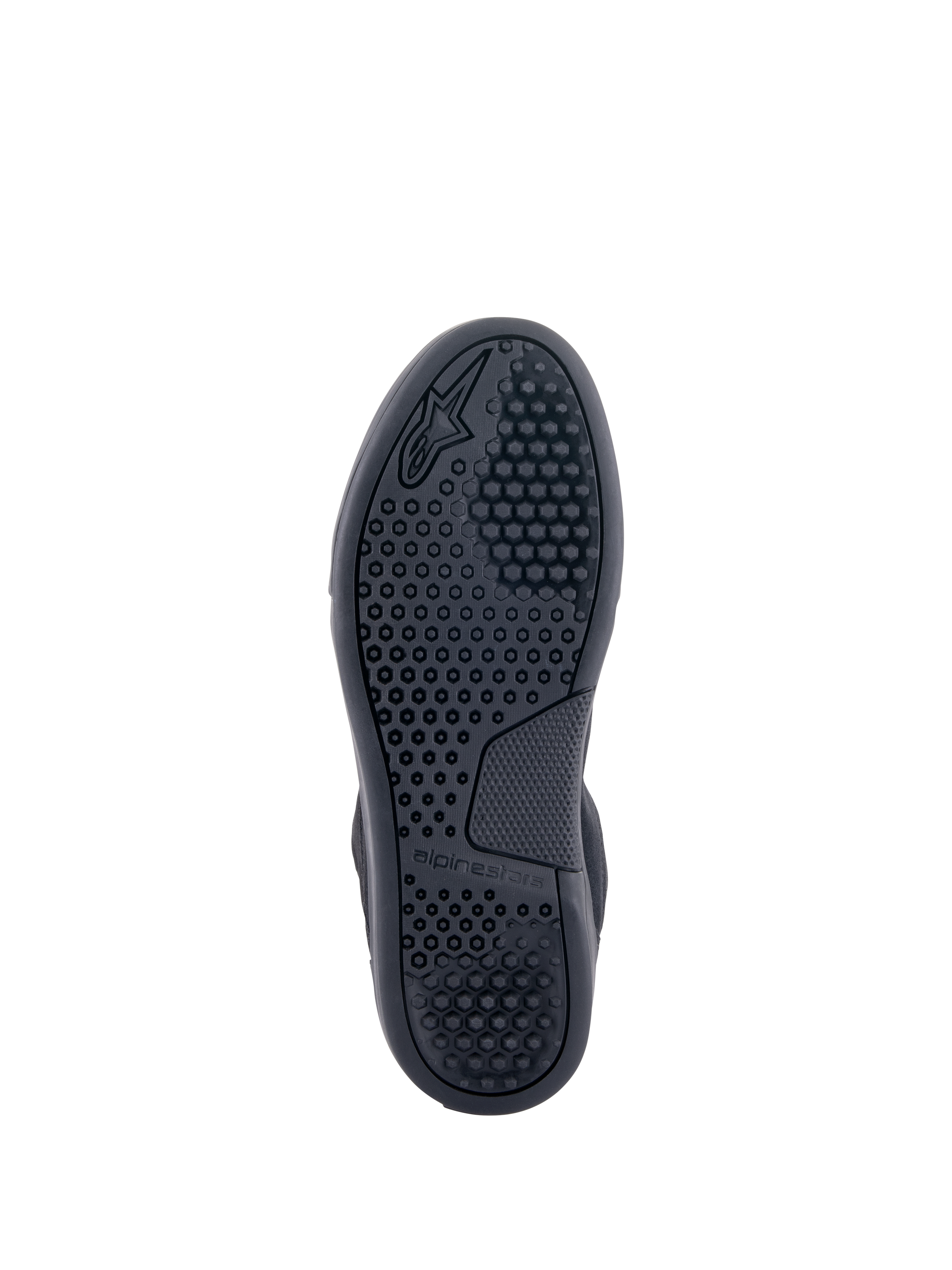 Alpinestars Chrome Shoes, Sole View, Black, featuring advanced rubber compound cup sole with hexagonal grip pattern and Alpinestars branding, urban motorcycle riding shoes