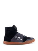 Alpinestars Chrome Shoes, high-top motorcycle riding sneakers, black and asphalt gray suede upper, gum brown sole, white star logo on the side, white laces, casual urban style with integrated protective features