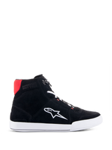 Alpinestars Chrome Riding Shoes in Black White Bright Red, urban casual high-top motorcycle shoe featuring a black split suede upper, white Astars logo on the side, white sole, and bright red heel collar accent.