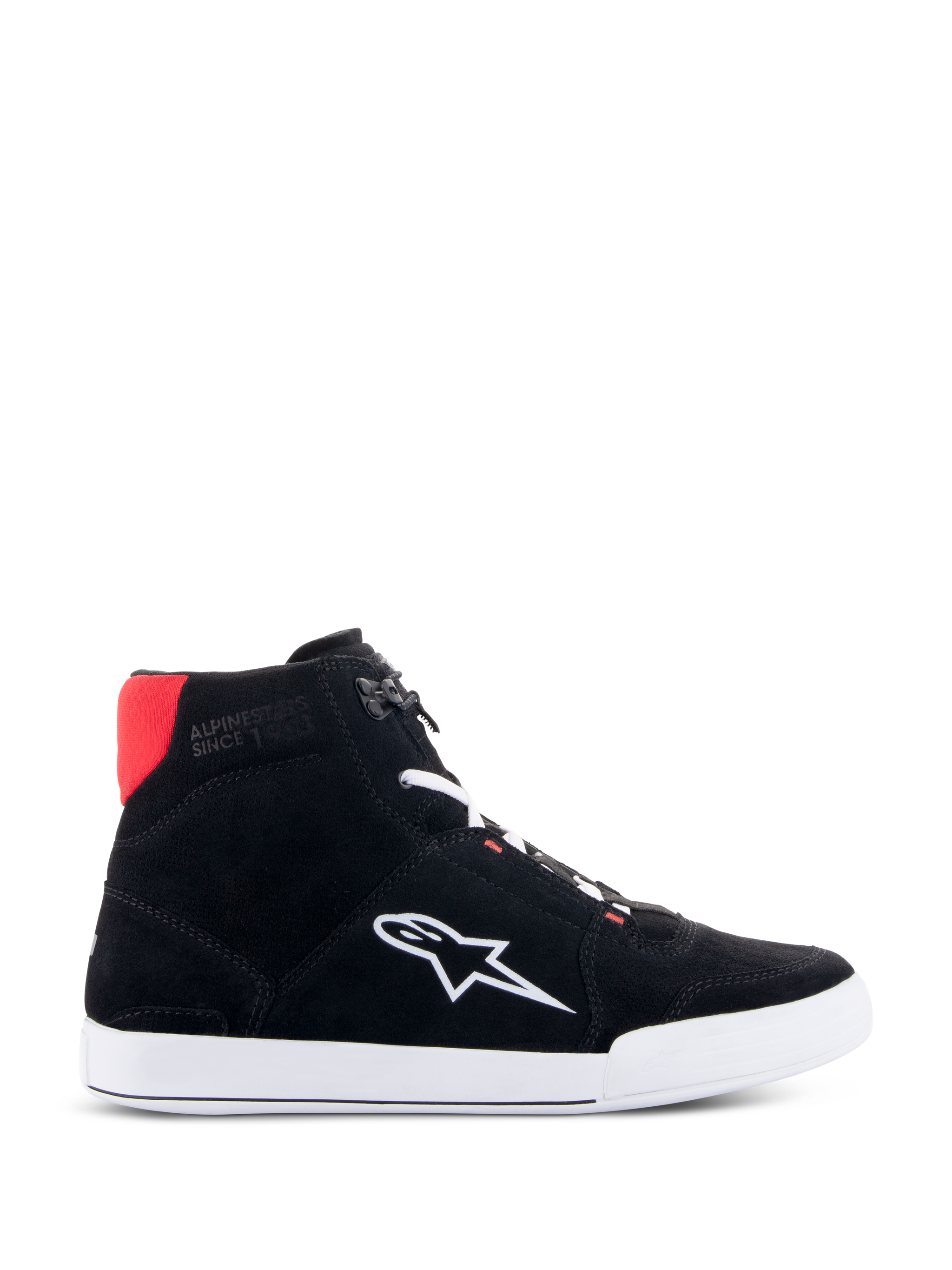 Alpinestars Chrome Riding Shoes in Black White Bright Red, urban casual high-top motorcycle shoe featuring a black split suede upper, white Astars logo on the side, white sole, and bright red heel collar accent.