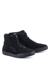 Alpinestars Chrome Air Shoe, Motorcycle Riding Shoes, Black Black, three-quarter front view, split suede and mesh upper with Alpinestars logo on the side, urban high-top sneaker design for road riding