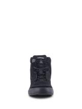 Alpinestars Chrome Air Shoe, urban motorcycle riding shoe, Black, front view showing split suede and mesh upper, elasticated lace closure, and casual high-top sneaker design