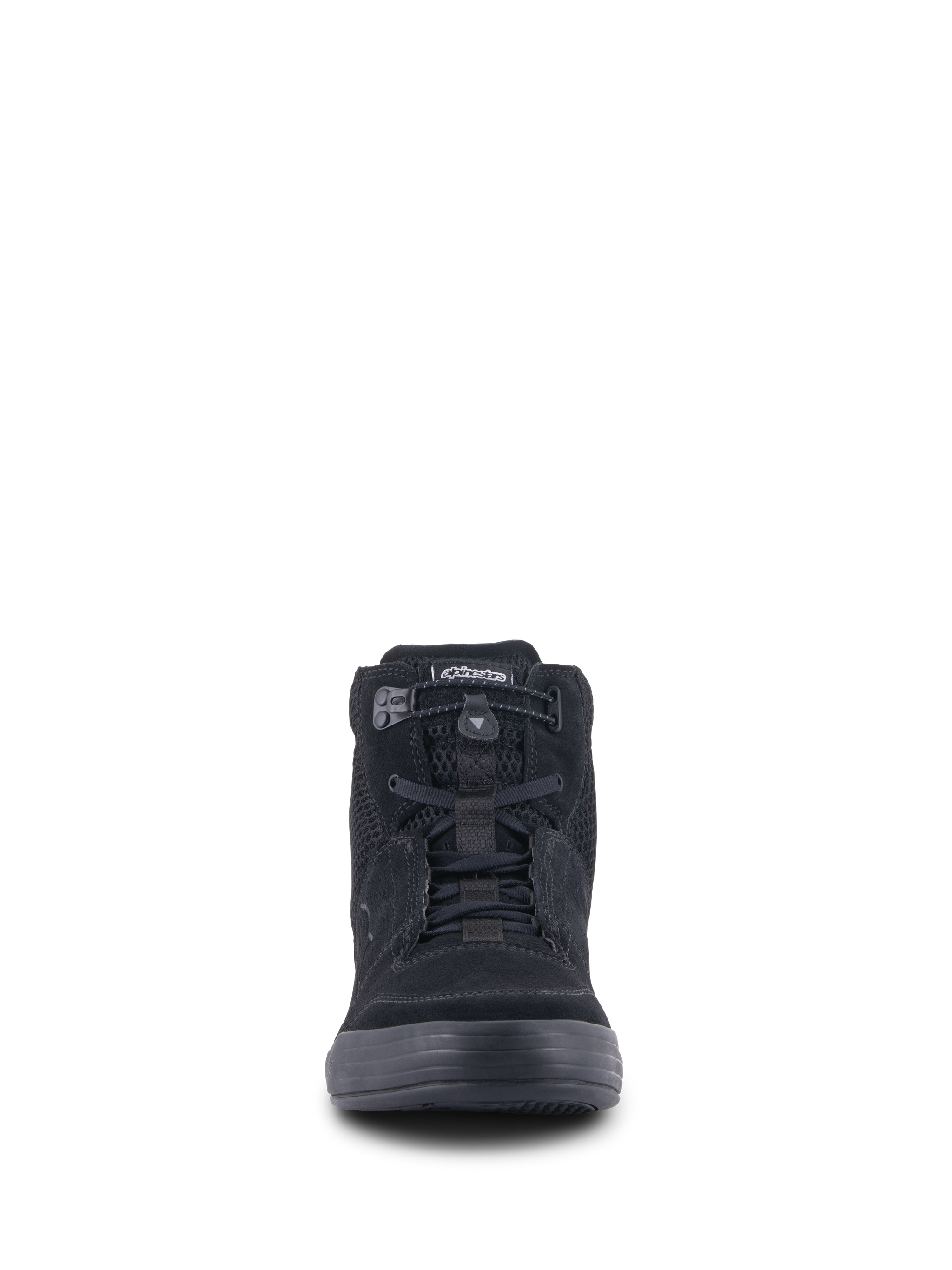 Alpinestars Chrome Air Shoe, urban motorcycle riding shoe, Black, front view showing split suede and mesh upper, elasticated lace closure, and casual high-top sneaker design