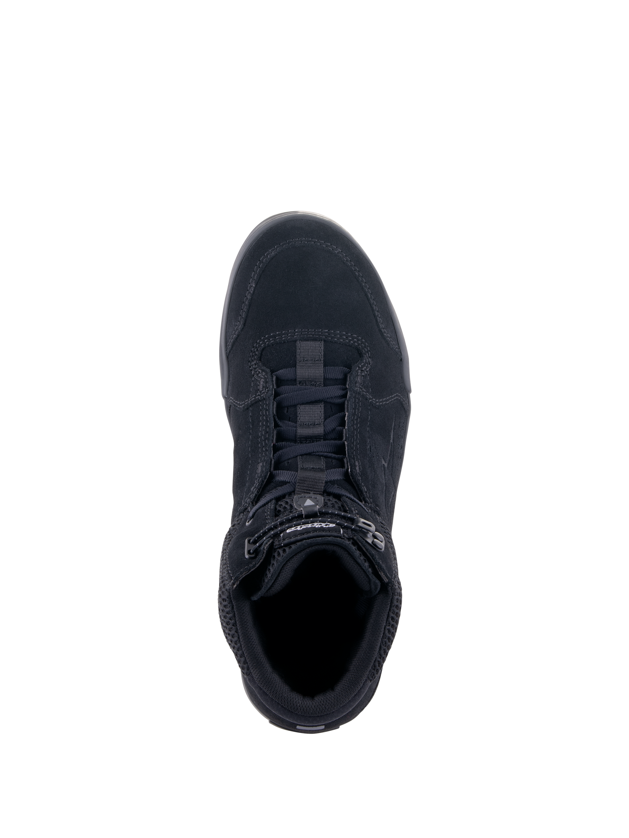 Alpinestars Chrome Air Shoe, Urban Motorcycle Riding Shoe, Black Black, top-down view showing split suede and mesh upper, lacing system with elasticated closure, casual sneaker design for urban commuting