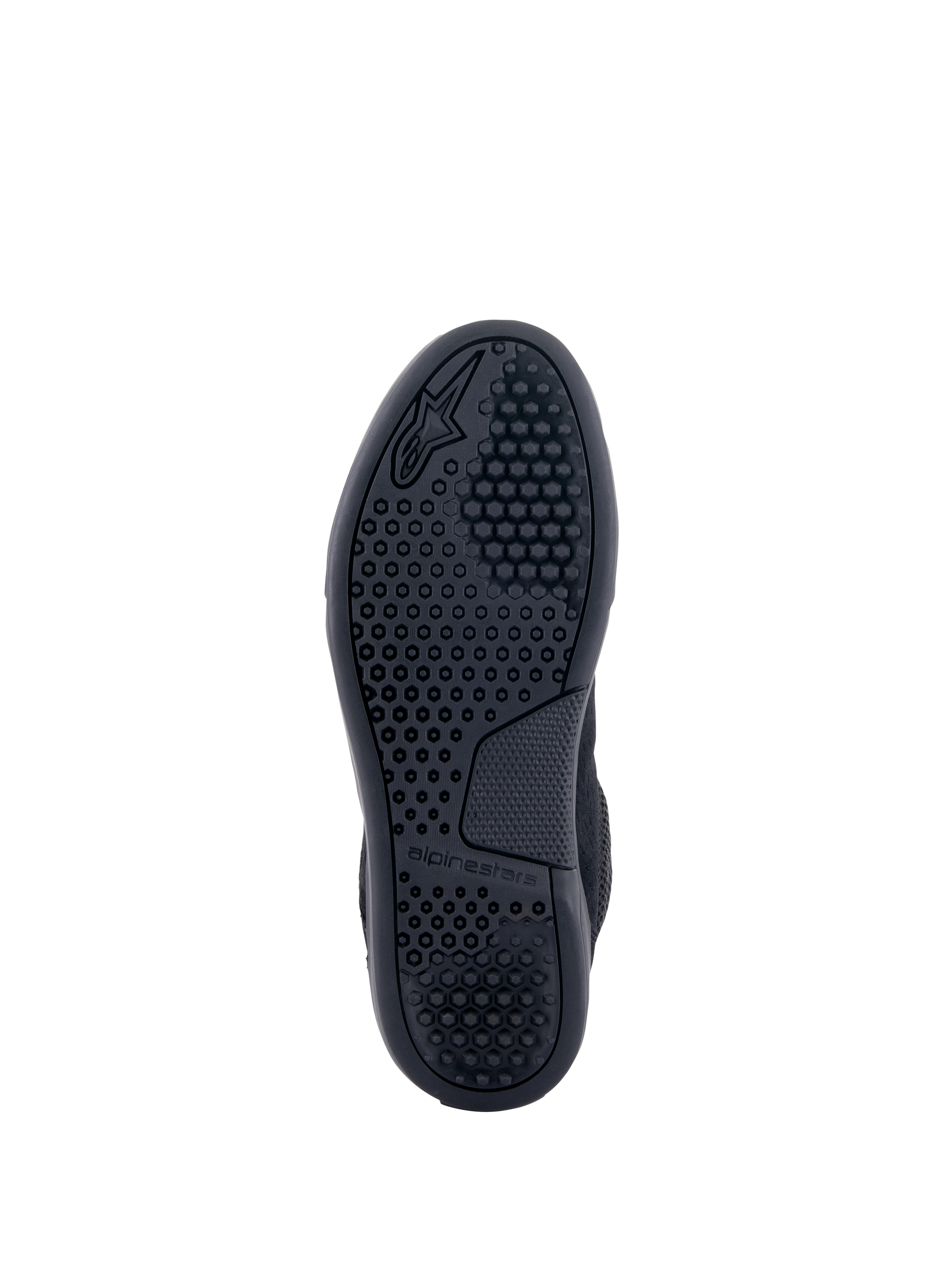 Alpinestars Chrome Air Shoe, Black, bottom view showing the outsole with a detailed hexagonal traction pattern, embossed Alpinestars logo and branding, durable rubber sole for urban motorcycle riding