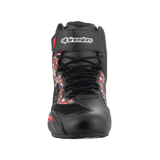 Alpinestars FQ20 Faster-3 Rideknit® Shoes, Motorcycle Riding Shoes, Black and Bright Red, front view featuring lace-up closure and hook and loop ankle strap with Alpinestars branding, graphic print on sides, sleek racing-inspired profile