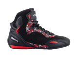 Alpinestars FQ20 Faster-3 Rideknit Shoes, Black high-top motorcycle riding shoes with bright red and white graphics, featuring Fabio Quartararo logos and patterns, knitted mesh upper with laces and ankle strap, sporty rubber sole with red accents, sleek racing-inspired design