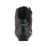 Alpinestars FQ20 Faster-3 Rideknit® Shoes, Black and Bright Red, rear view highlighting the contoured heel counter, reflective strip, and padded ankle collar, technical motorcycle riding footwear