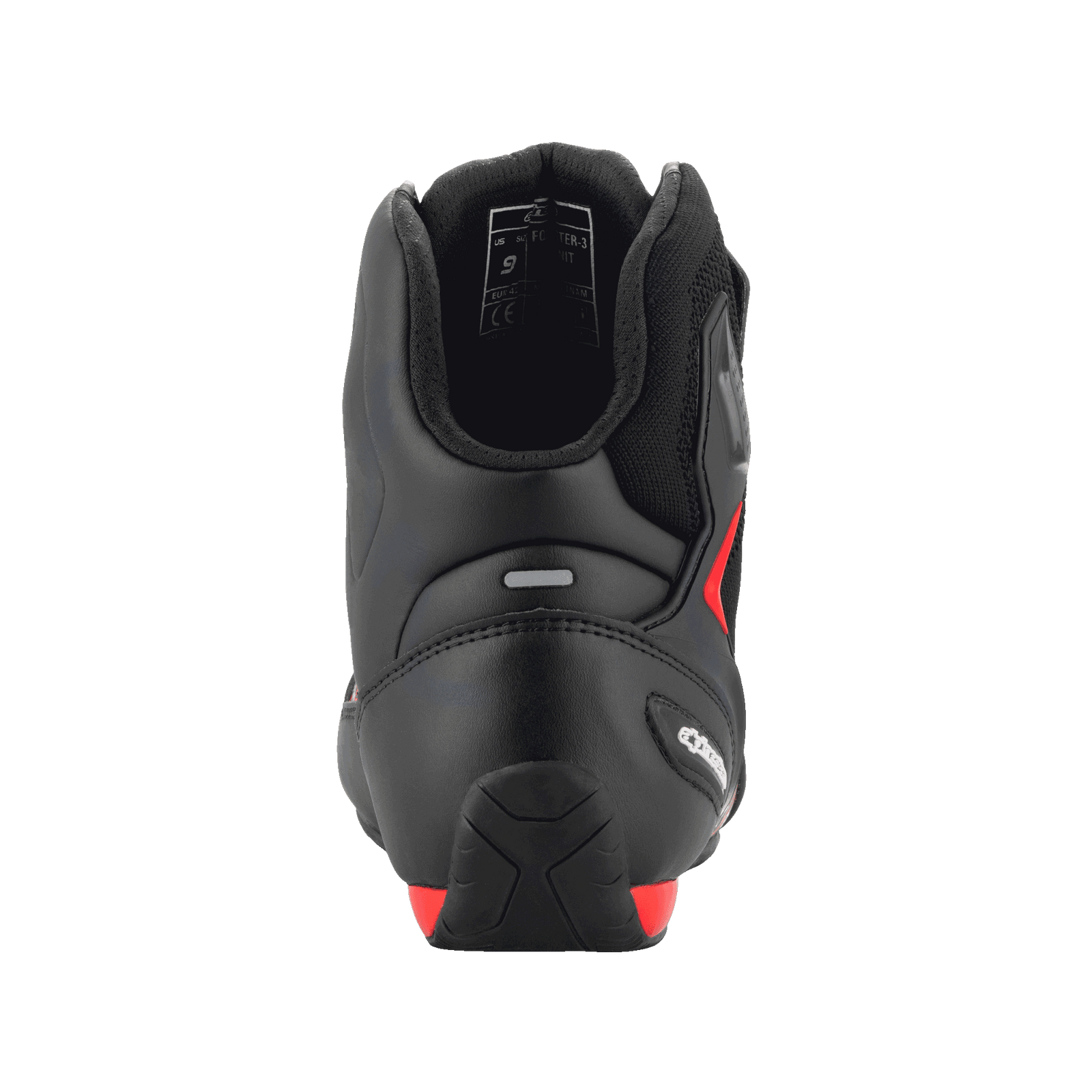 Alpinestars FQ20 Faster-3 Rideknit® Shoes, Black and Bright Red, rear view highlighting the contoured heel counter, reflective strip, and padded ankle collar, technical motorcycle riding footwear