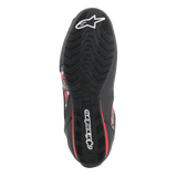 Alpinestars FQ20 Faster-3 Rideknit® Shoes, bottom view of the textured rubber sole, black with white Alpinestars logos and red accents, designed for grip and stability on motorcycle controls