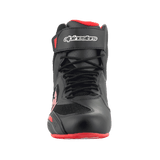 Alpinestars FQ20 Faster-3 Rideknit® Shoes, Motorcycle Riding Shoes, Black and Bright Red, front view showing lace closure and hook-and-loop top strap with Alpinestars branding, technical microfiber and breathable knit construction.