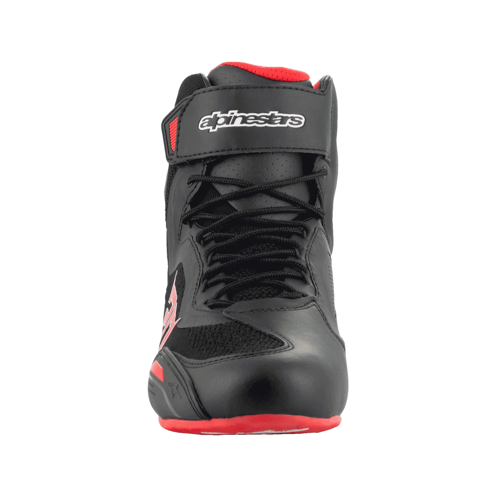 Alpinestars FQ20 Faster-3 Rideknit® Shoes, Motorcycle Riding Shoes, Black and Bright Red, front view showing lace closure and hook-and-loop top strap with Alpinestars branding, technical microfiber and breathable knit construction.
