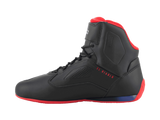 Alpinestars FQ20 Faster-3 Rideknit® Shoes, Motorcycle Riding Shoes, Black Bright Red and Blue, side profile view featuring 'EL DIABLO' text in red, red sole and collar lining, breathable mesh and microfiber construction with perforated side panels.