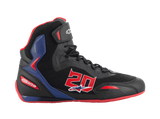 Alpinestars FQ20 Faster-3 Rideknit Shoes, Black high-top motorcycle riding shoes with bright red and blue accents, featuring a large red number 20 on the side, red sole, black laces, and breathable Rideknit mesh and synthetic construction.