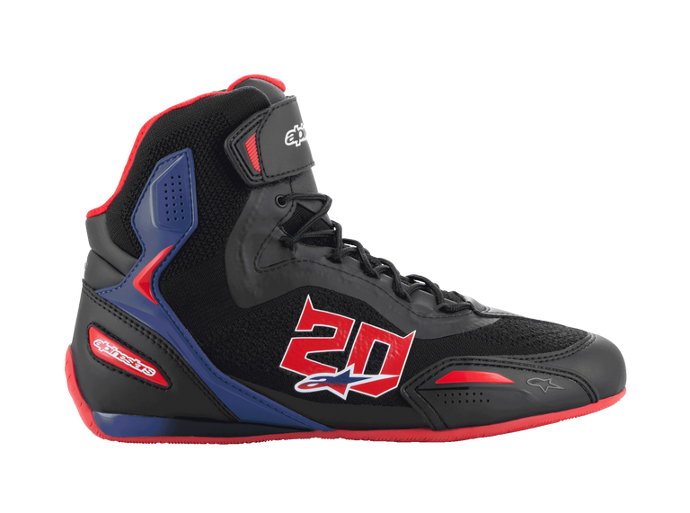 Alpinestars FQ20 Faster-3 Rideknit Shoes, Black high-top motorcycle riding shoes with bright red and blue accents, featuring a large red number 20 on the side, red sole, black laces, and breathable Rideknit mesh and synthetic construction.
