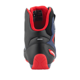 Alpinestars FQ20 Faster-3 Rideknit® Shoes, Motorcycle Riding Shoes, Black Bright Red and Blue, rear view showing red TPR heel counter, padded red mesh lining, and reflective strip, sporty design for road riding.