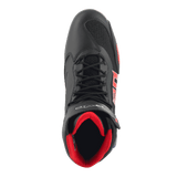 Alpinestars FQ20 Faster-3 Rideknit® Shoes, motorcycle riding shoes, Black with Bright Red and Blue accents, top-down view featuring breathable Rideknit® mesh, lace-up design, and padded red interior