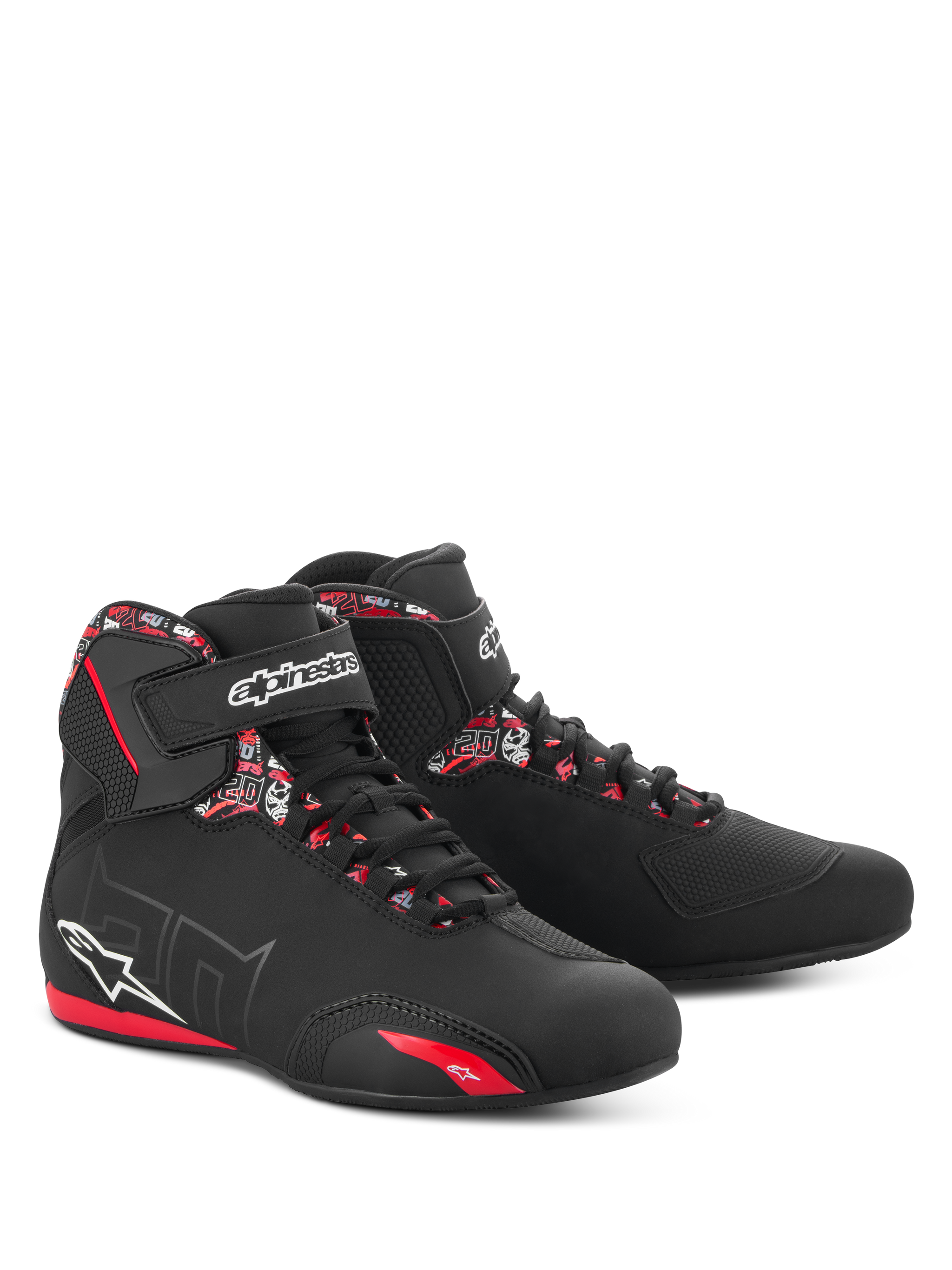 Alpinestars FQ20 Sektor Shoes, Fabio Quartararo motorcycle riding shoes, Black and Bright Red with speed lacing system.