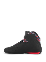 Alpinestars FQ20 Sektor Shoes, Men's Black and Bright Red Motorcycle Racing Shoes with Fabio Quartararo graphics.