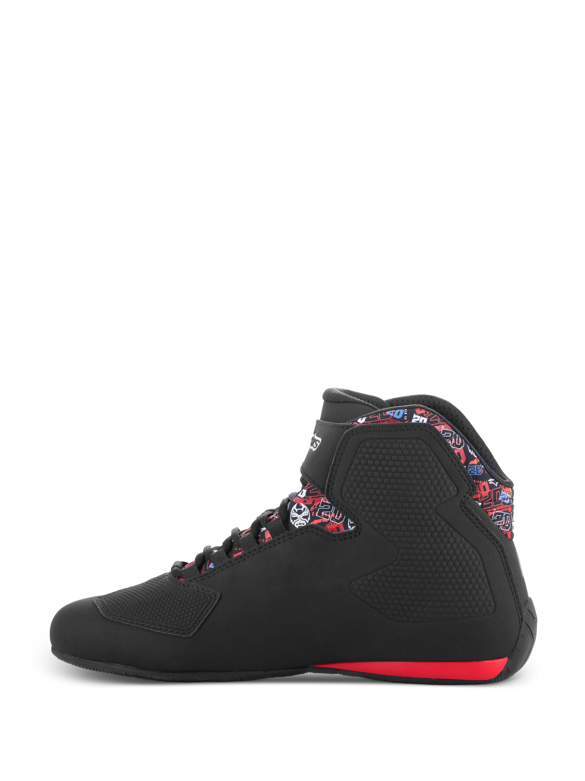 Alpinestars FQ20 Sektor Shoes, Men's Black and Bright Red Motorcycle Racing Shoes with Fabio Quartararo graphics.