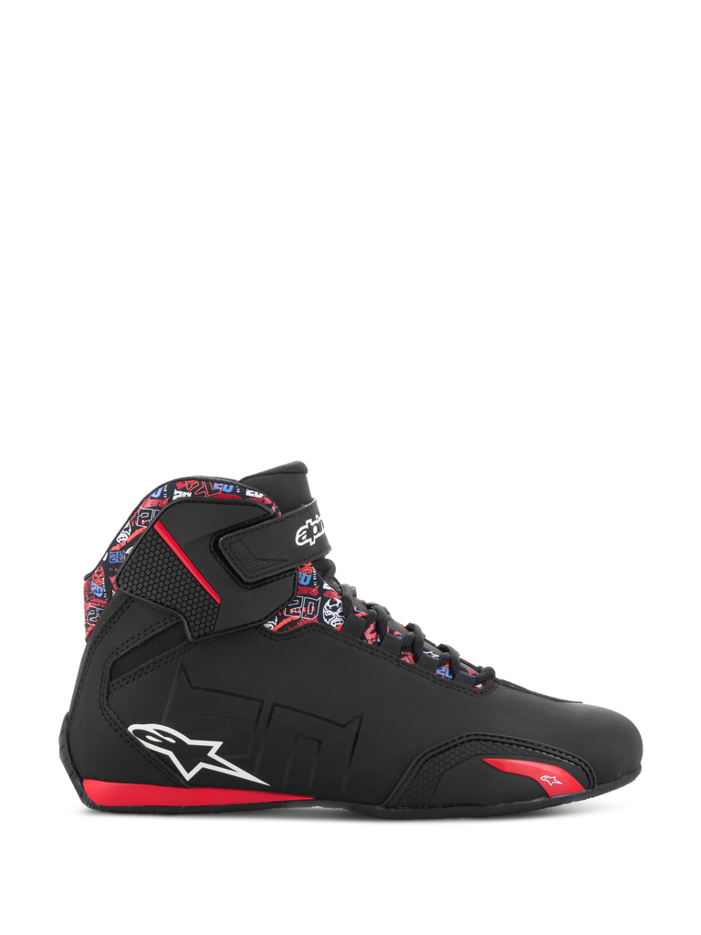 Alpinestars FQ20 Sektor Shoes, Black and Bright Red motorcycle racing shoes with Fabio Quartararo graphics, CE certified.