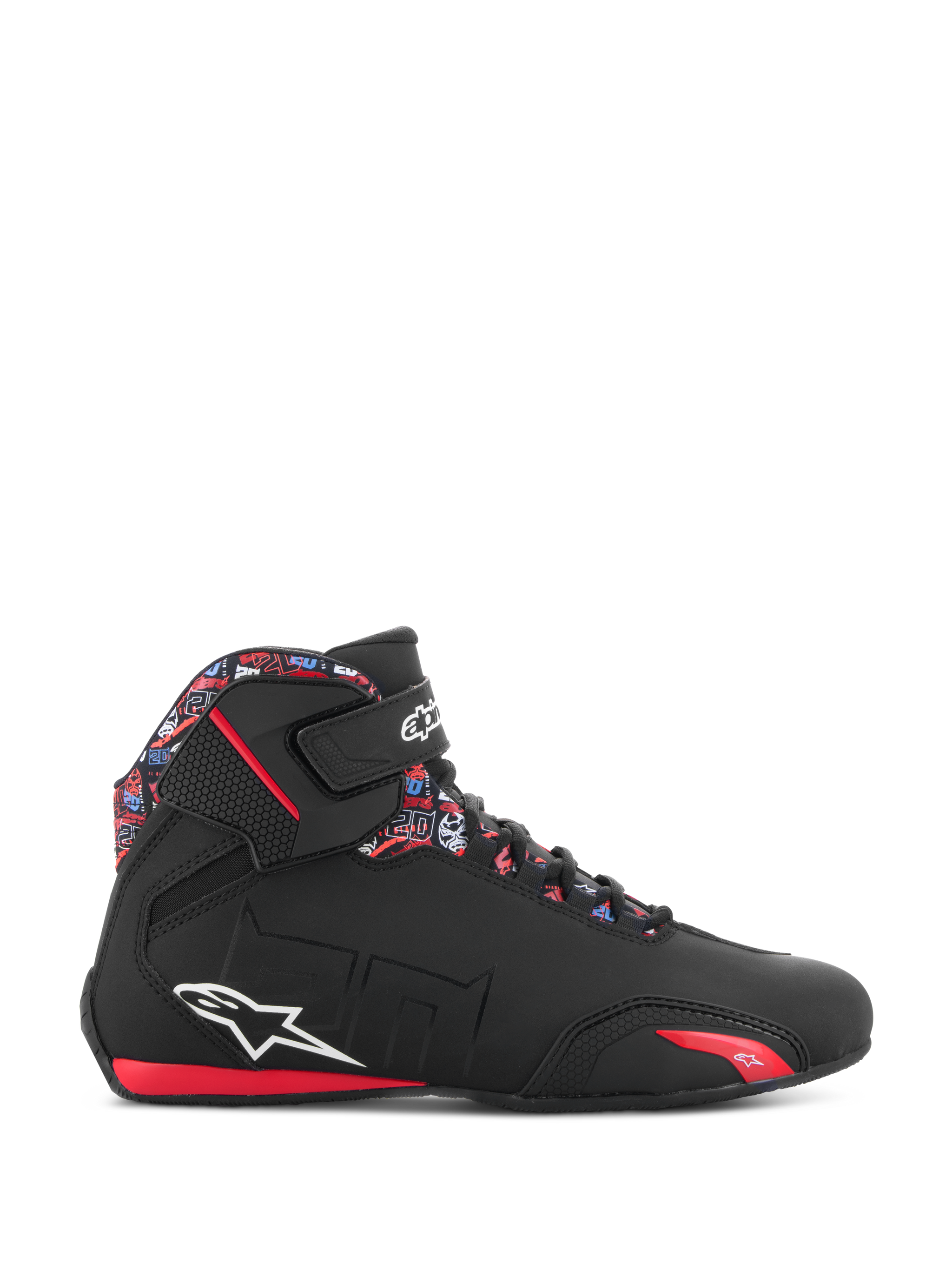 Alpinestars FQ20 Sektor Shoes, men's motorcycle riding shoes in Black and Bright Red with Fabio Quartararo graphics.