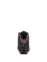 Alpinestars FQ20 Sektor Shoes, motorcycle racing shoes, black and bright red, featuring El Diablo graphics, rear view.