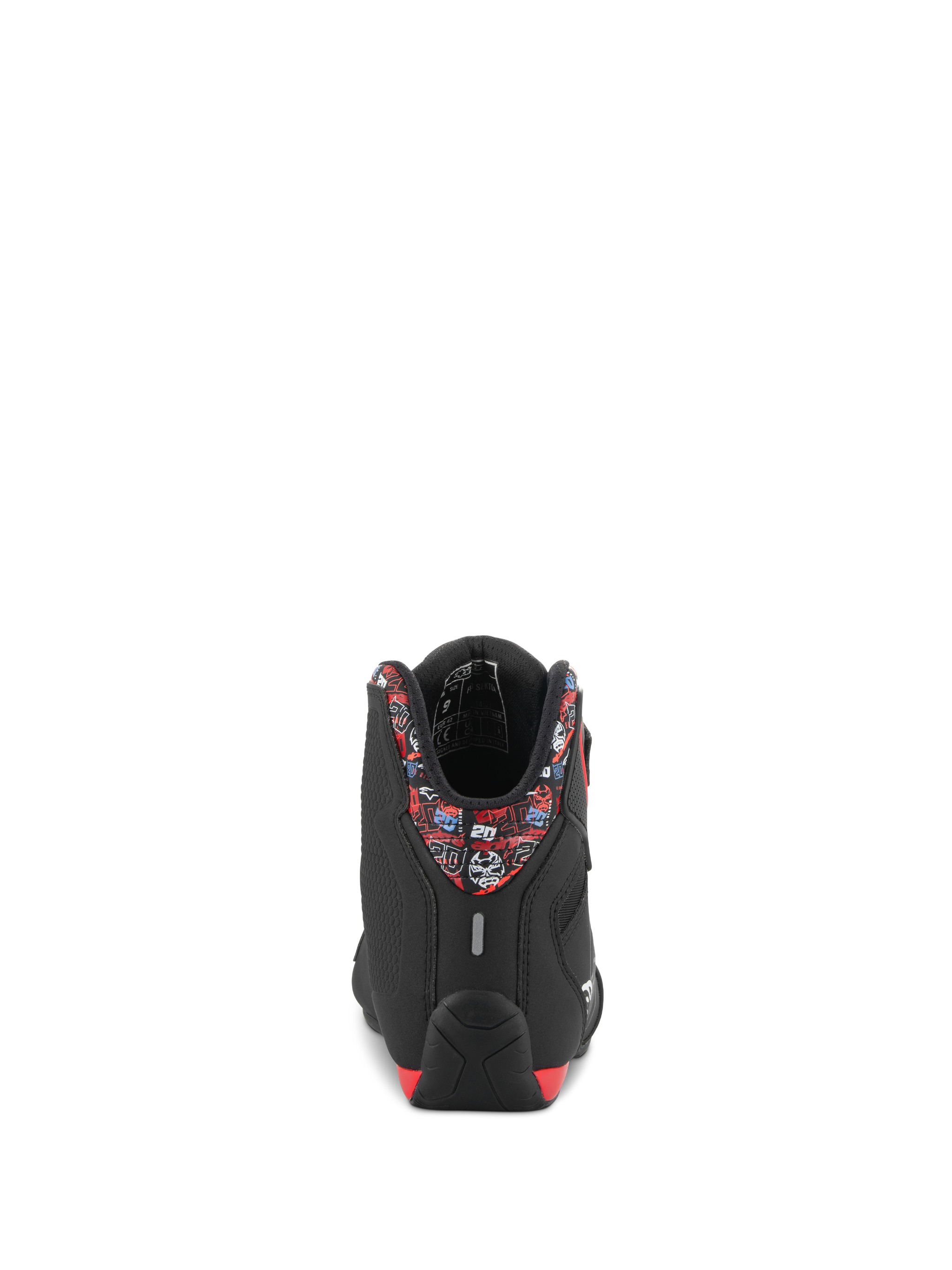 Alpinestars FQ20 Sektor Shoes, motorcycle racing shoes, black and bright red, featuring El Diablo graphics, rear view.