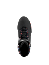 Alpinestars FQ20 Sektor Men's Motorcycle Racing Shoes, Black and Bright Red, top view with speed lacing and custom graphics.
