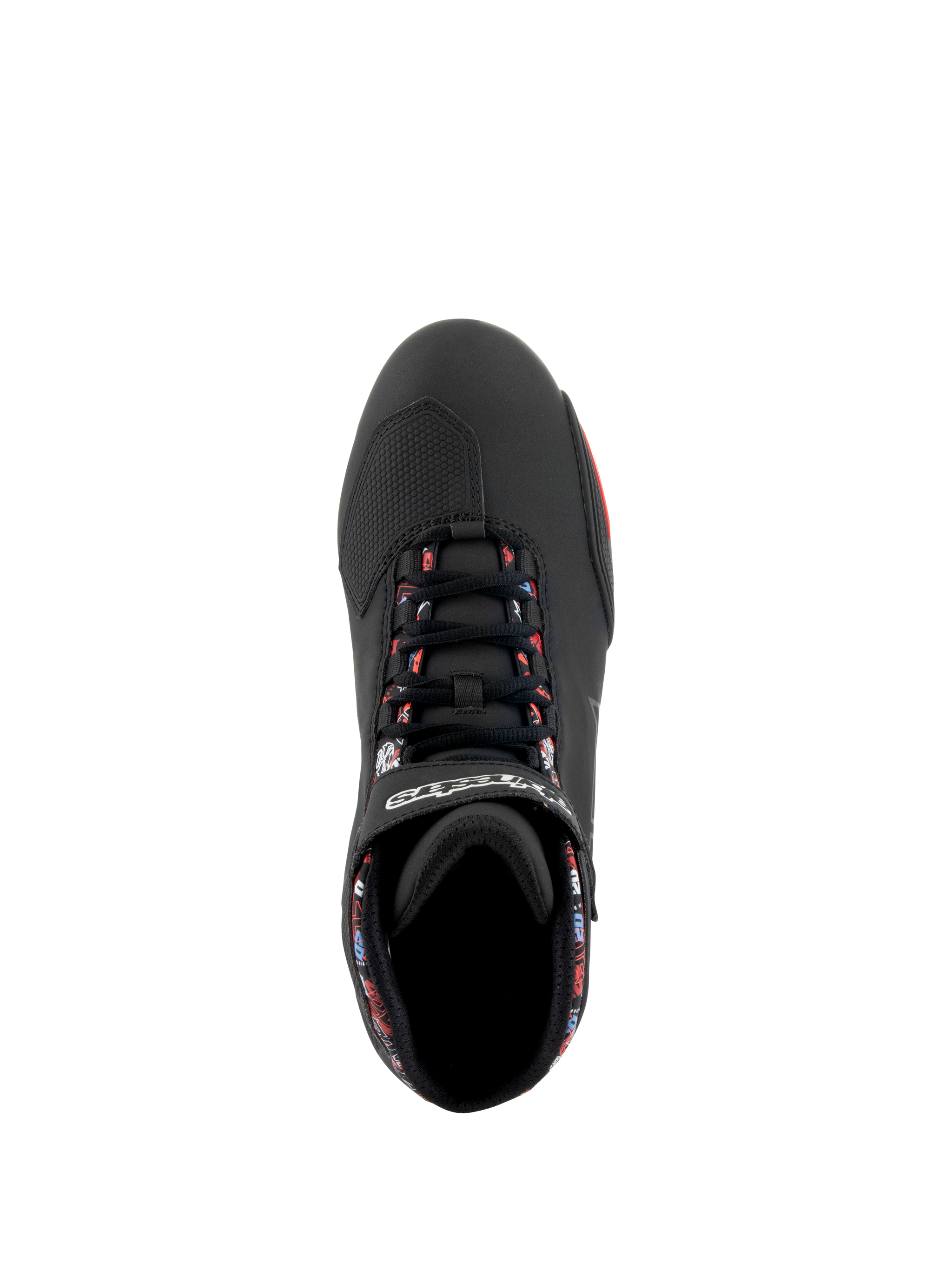Alpinestars FQ20 Sektor Men's Motorcycle Racing Shoes, Black and Bright Red, top view with speed lacing and custom graphics.