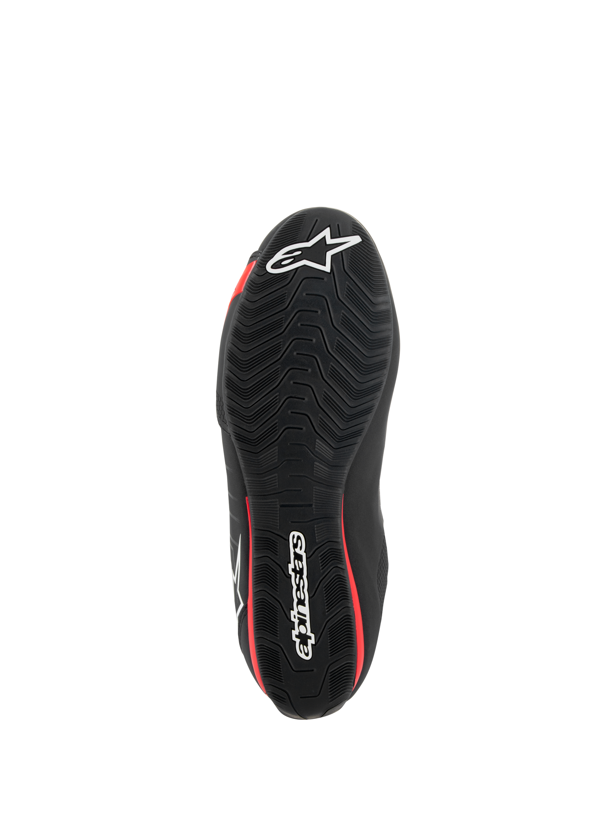 Alpinestars FQ20 Sektor Shoes, Black and Bright Red motorcycle shoes with textured rubber grip sole and Alpinestars logos.