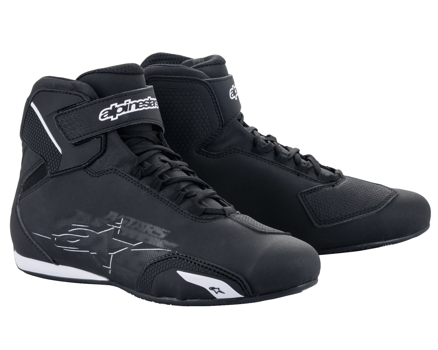 Alpinestars Sektor Shoes, Motorcycle Riding Shoes, Black and White, featuring speed lacing system and hook-and-loop ankle straps, sleek microfiber upper with protective reinforcements, performance footwear for road riding