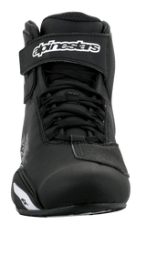 Alpinestars Sektor Shoes, Motorcycle Riding Shoes, Black and White, front view featuring speed lacing system and hook-and-loop ankle strap with white logo, sleek microfiber construction for road riding