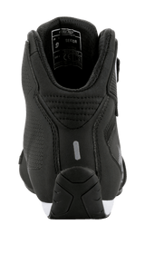 Alpinestars Sektor Shoes, Rear view, Black with white accents, featuring lightweight microfiber construction, a reflective heel tab, and padded ankle collar, sleek motorsport-inspired riding footwear