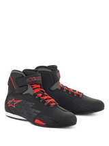 Alpinestars Sektor Shoes, low-cut motorcycle riding shoes, Black and Bright Red, featuring red speed lacing system, ankle straps, and bold red star logo, sleek microfiber construction for road and sport riding