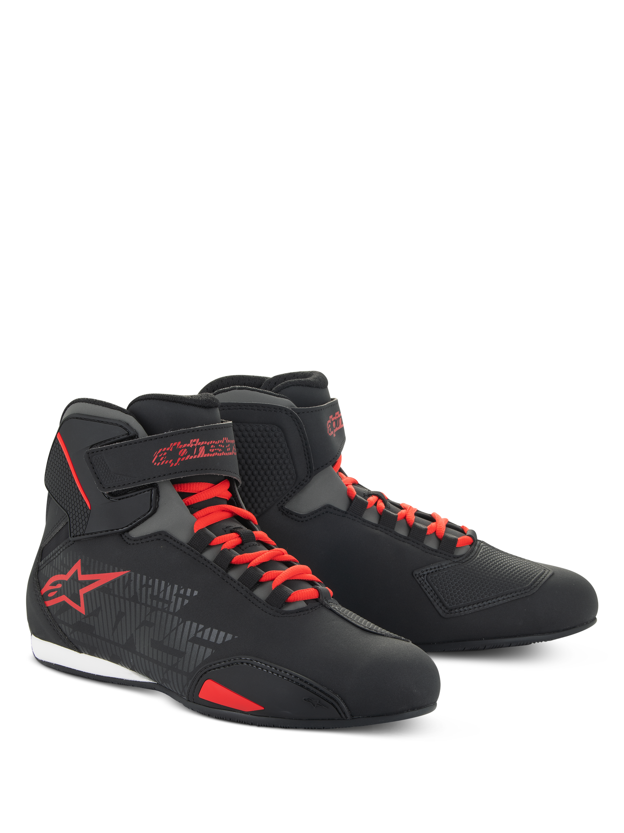 Alpinestars Sektor Shoes, low-cut motorcycle riding shoes, Black and Bright Red, featuring red speed lacing system, ankle straps, and bold red star logo, sleek microfiber construction for road and sport riding