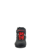 Alpinestars Sektor Shoes, Motorcycle Riding Shoes, Black and Bright Red, front view showing red laces and ankle strap with red Alpinestars logo, durable microfiber construction with a sleek sport profile
